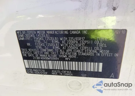 2011 Toyota Rav4 from USA, damaged, VIN 2T3BF4DV0BW109884